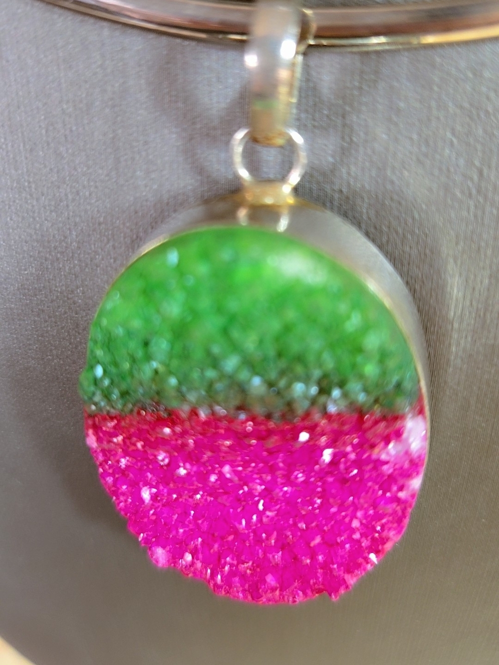 Green and Pink Watermelon Crystal Druzy Oval Pendant In 925 Silver - Picture 6 of 15